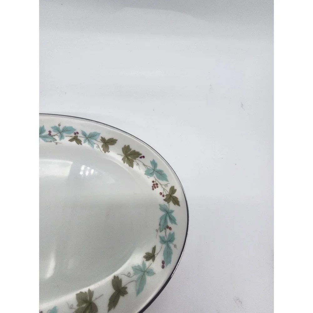 Vintage Fine China Japan 6701 Oval Platter Teal Green Leaf Berry Silver Rim 10